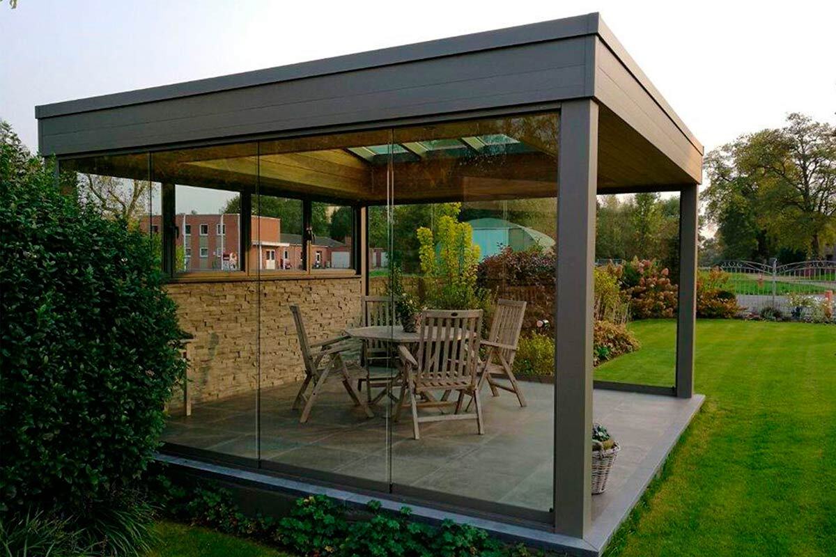 Беседка из алюминия - построим в Москве и Московской области Беседка high-tech из алюминия с плоской крышей и раздвижными стенами