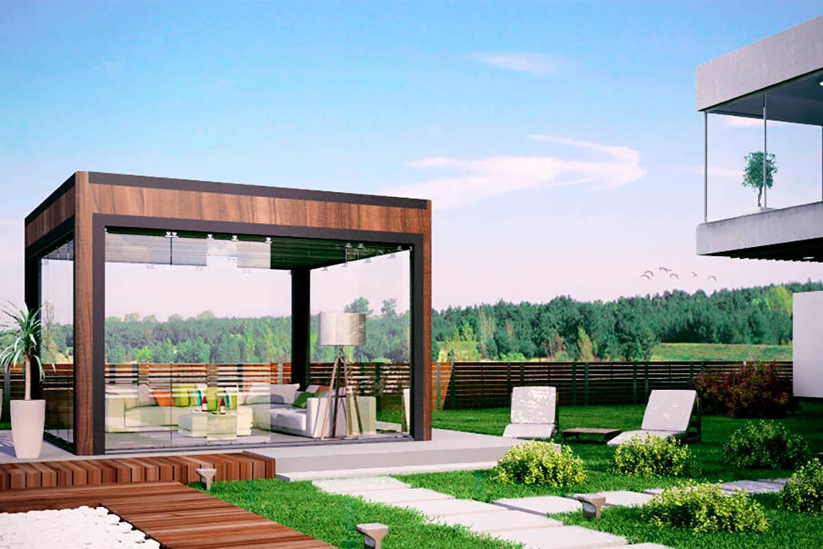 Беседка high-tech Беседка high-tech из алюминия с плоской крышей и раздвижными стенами